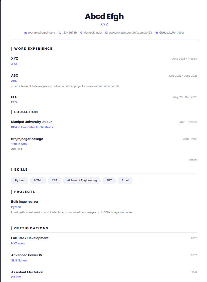 Resume preview showing a professional resume built with ResumeForge